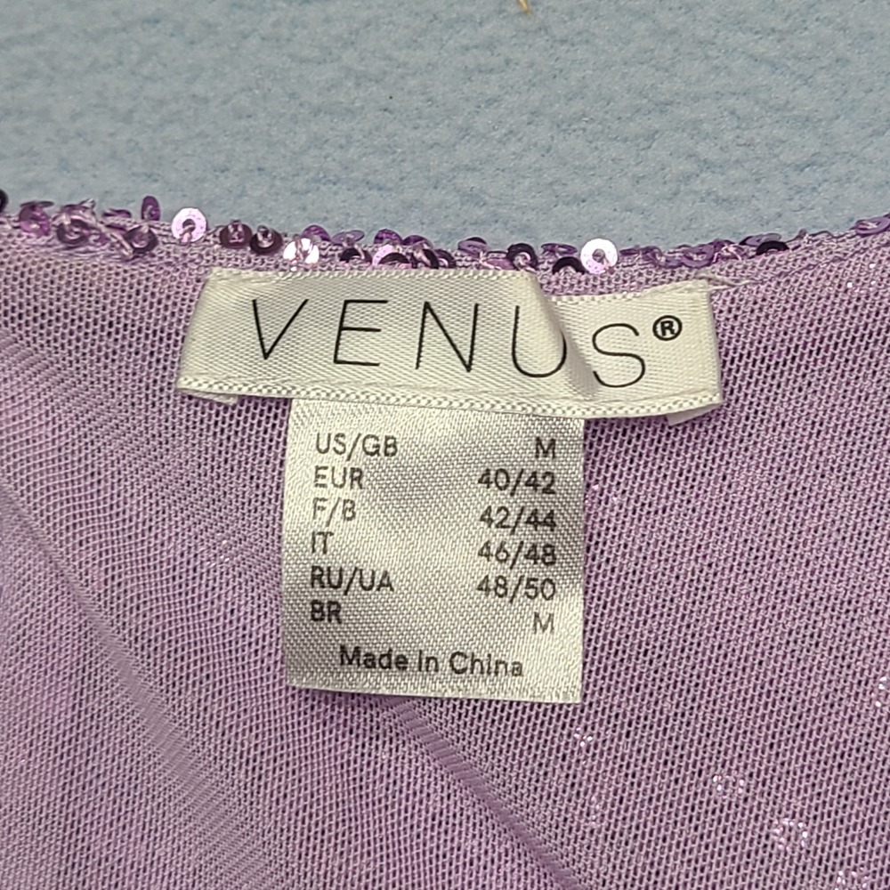 Venus Sequin Romper Womens Medium Purple Excellent Deep V-Neck Balloon Sleeve - Picture 5 of 8
